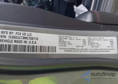 2021 Dodge Durango R/T Awd z USA, uszkodzony, nr VIN 1C4SDJCT9MC758710